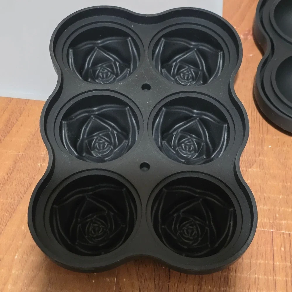 Cube & Rose Silicone Ice Mold Set 6 Large Cubes 6 Roses Black with Funnels NEW